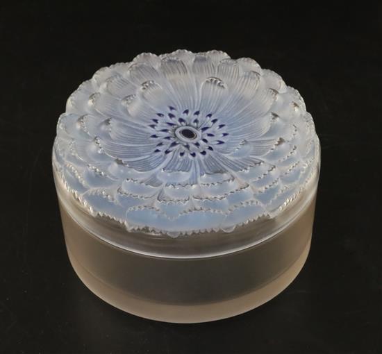 A Rene Lalique Dahlia frosted glass powder box and cover, c.1930, D. 11cm